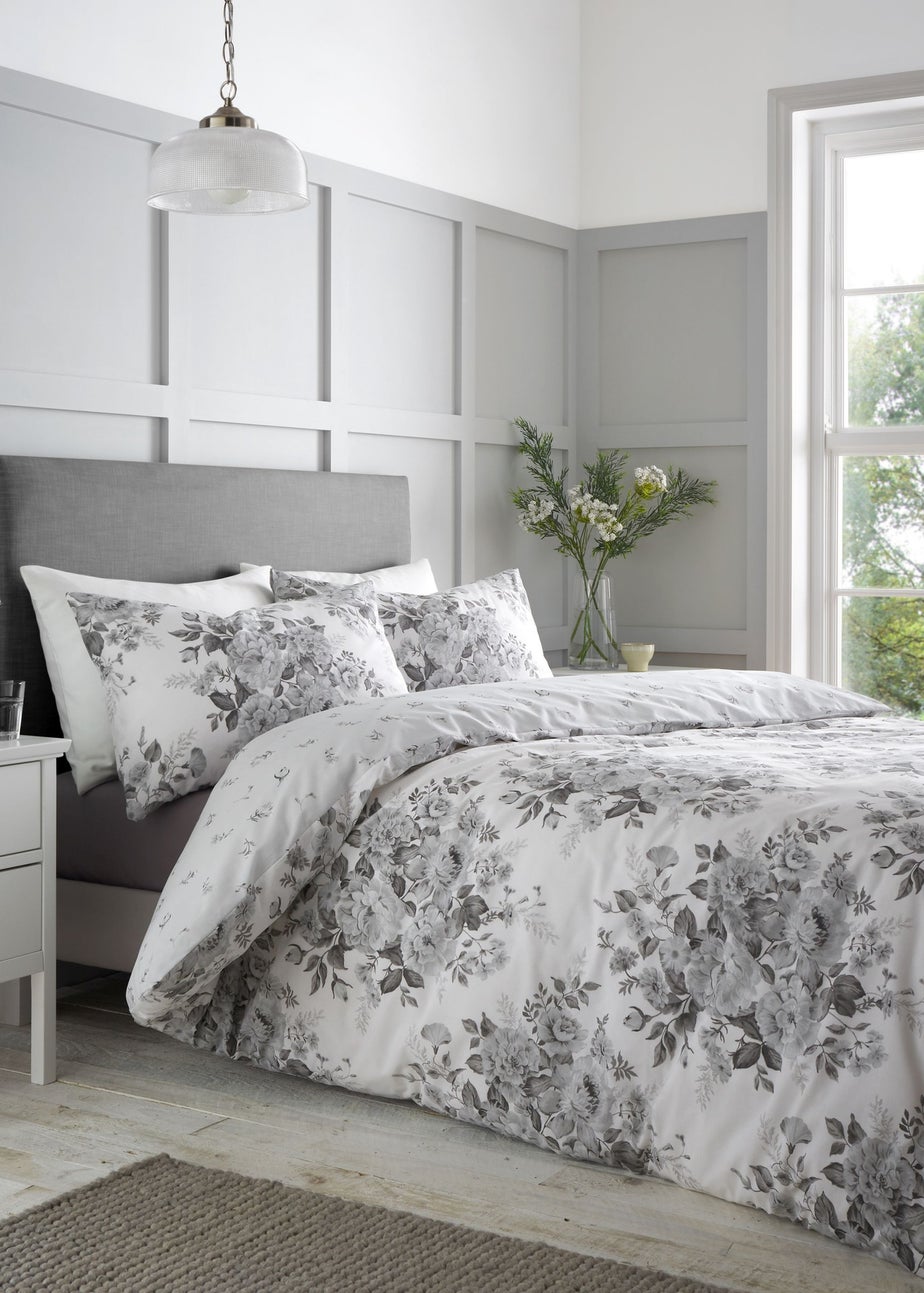 Catherine Lansfield Elinda Floral Reversible Double Duvet Cover Set Grey