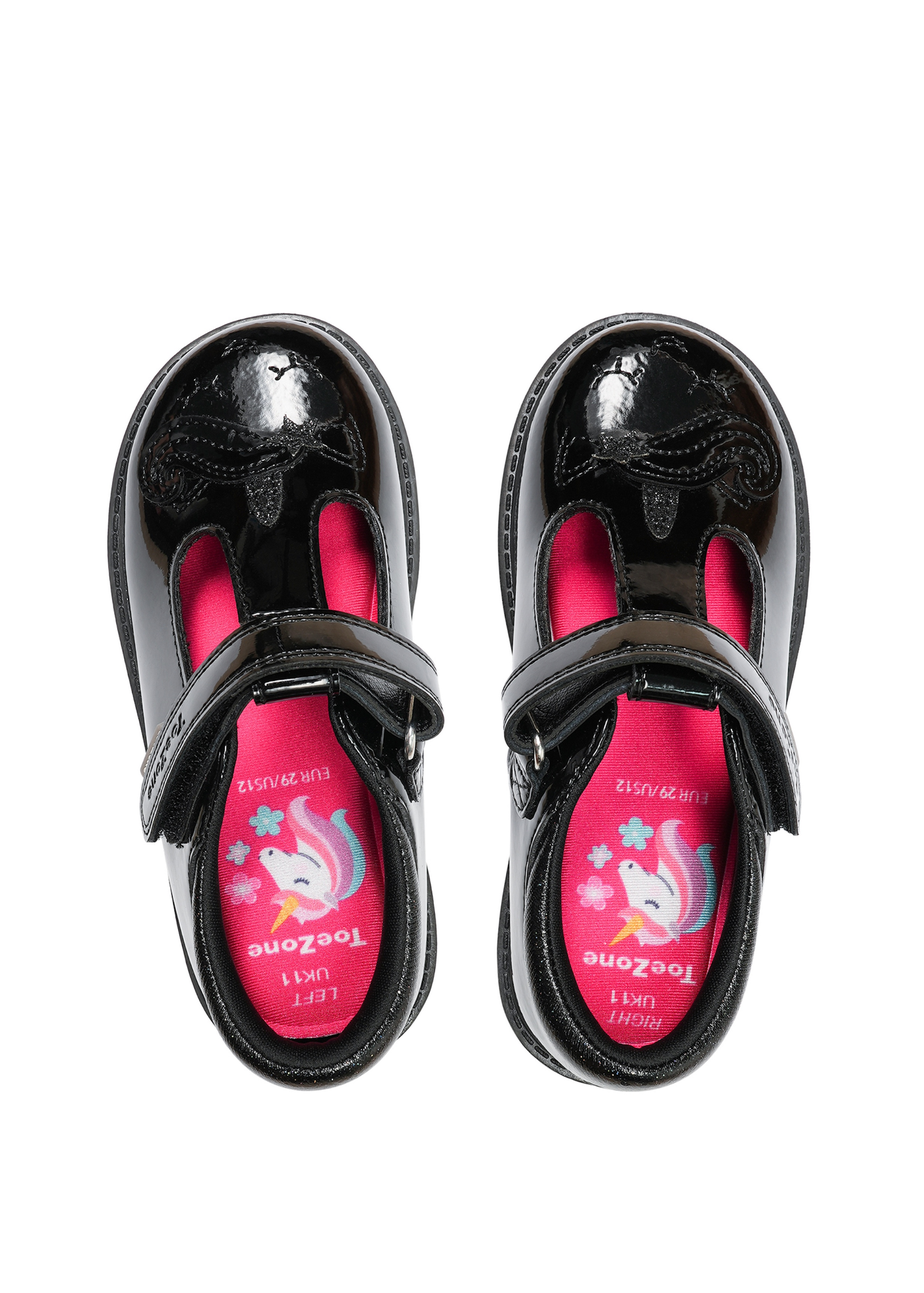ToeZone Black Ellie Patent Coated Leather Rip Tape Unicorn School Shoe (Younger 8- Older 3)