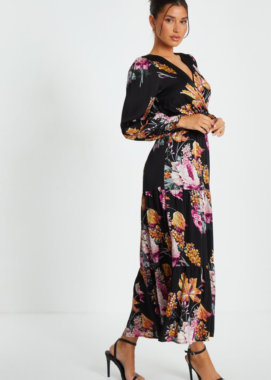 Quiz Black Floral Chiffon Tiered Midaxi Dress