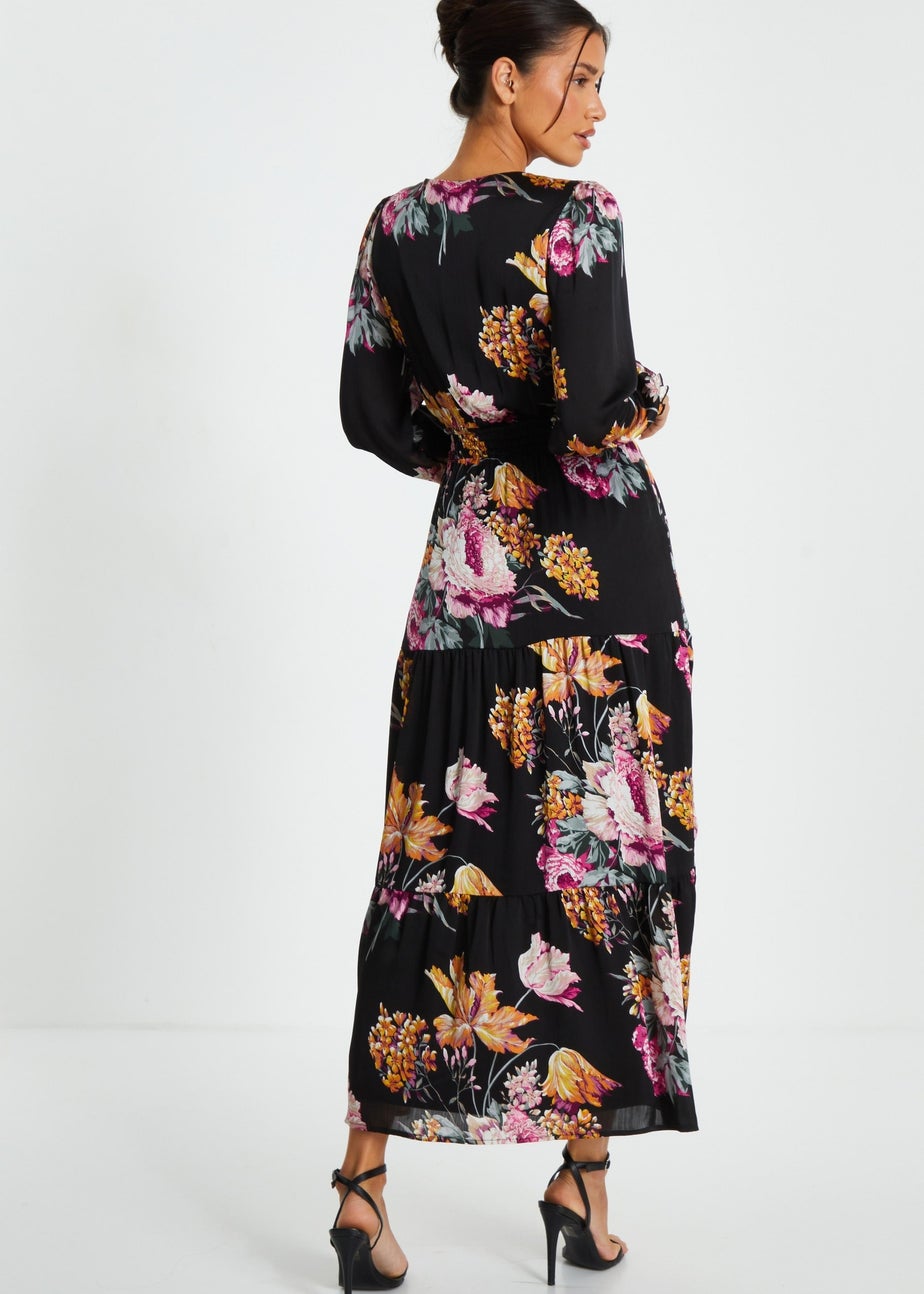 Quiz Black Floral Chiffon Tiered Midaxi Dress