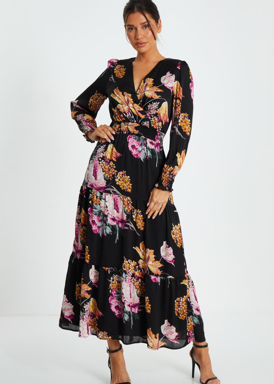 Quiz Black Floral Chiffon Tiered Midaxi Dress