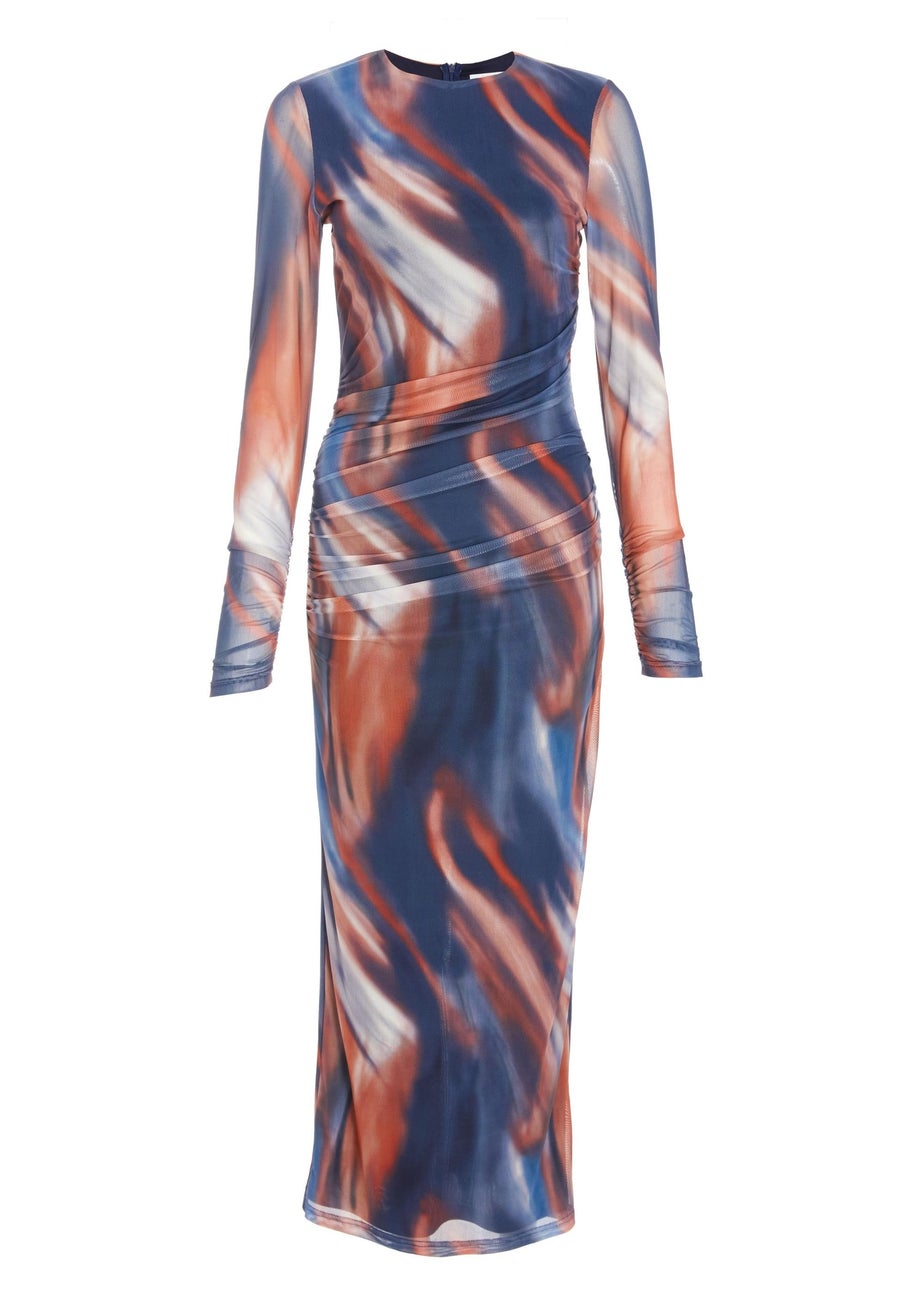 Quiz Dark Blue Marble Print Mesh Midaxi Dress