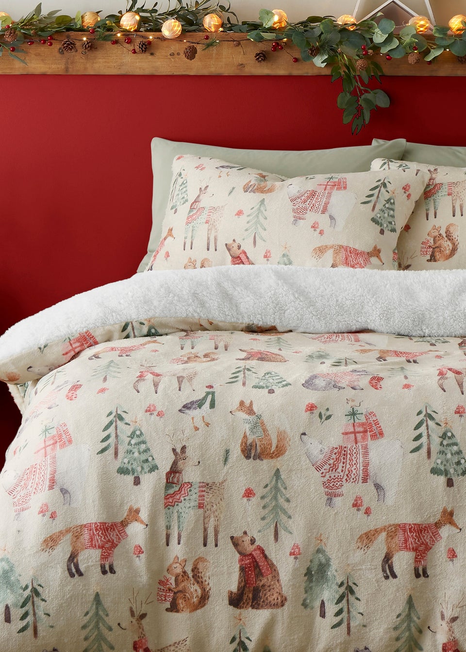 Fusion Christmas Woodland Animals Natural Plush Duvet Cover Set