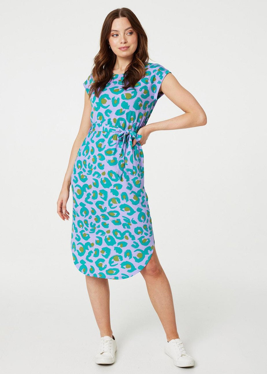 Izabel London Purple Animal Print Cap Sleeve Jersey Dress