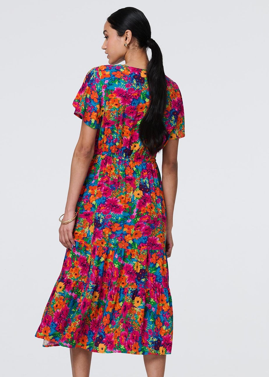 Izabel London Pink Floral Short Sleeve Tie Waist Dress