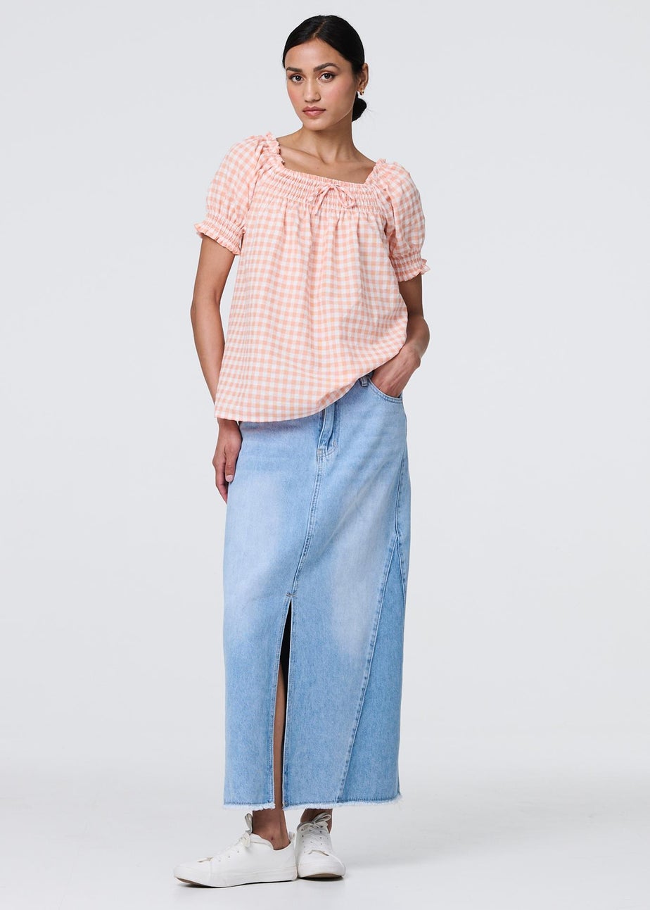 Izabel London Pink Gingham Check Puff Sleeve Blouse