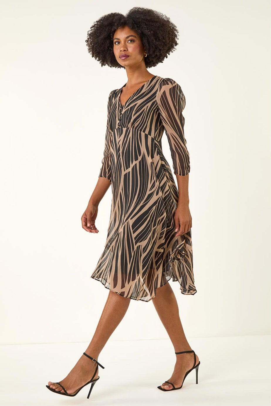 Roman Black Abstract Print Wrap Hanky Hem Midi Dress