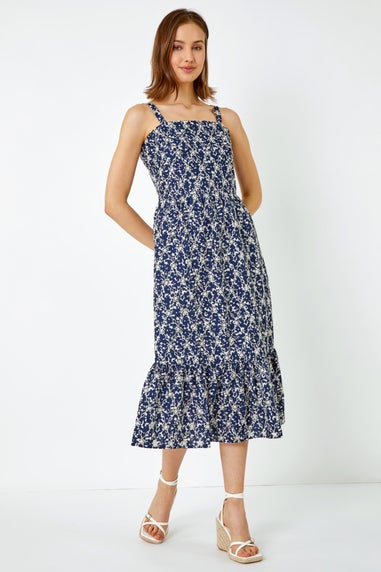 Roman Navy Broderie Detail Cotton Midi Dress