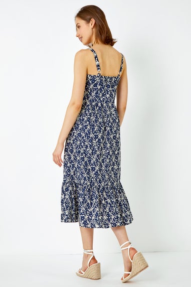 Roman Navy Broderie Detail Cotton Midi Dress