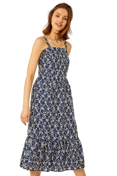 Roman Navy Broderie Detail Cotton Midi Dress