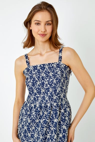 Roman Navy Broderie Detail Cotton Midi Dress