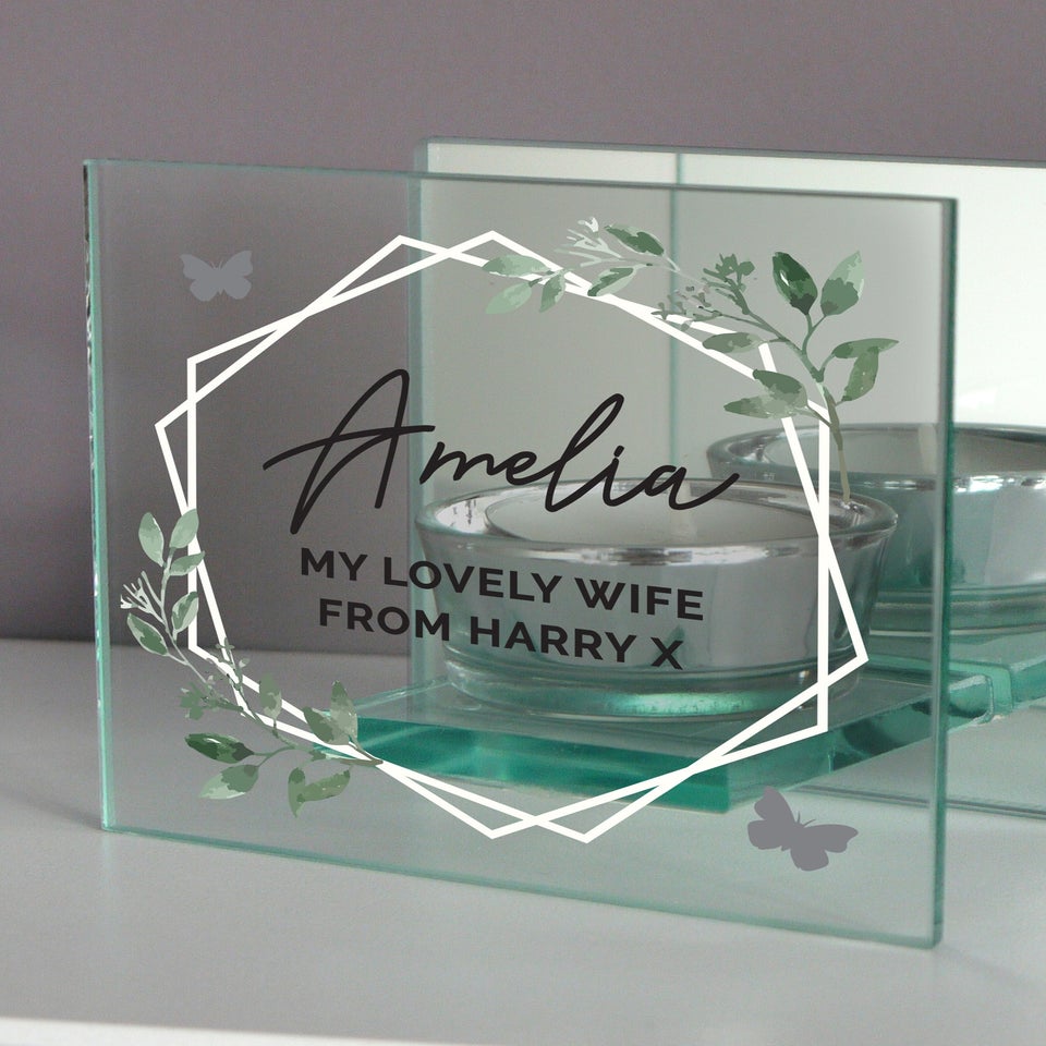 Personalised Memento Company Clear Botanical Mirrored Glass Tea Light Candle Holder