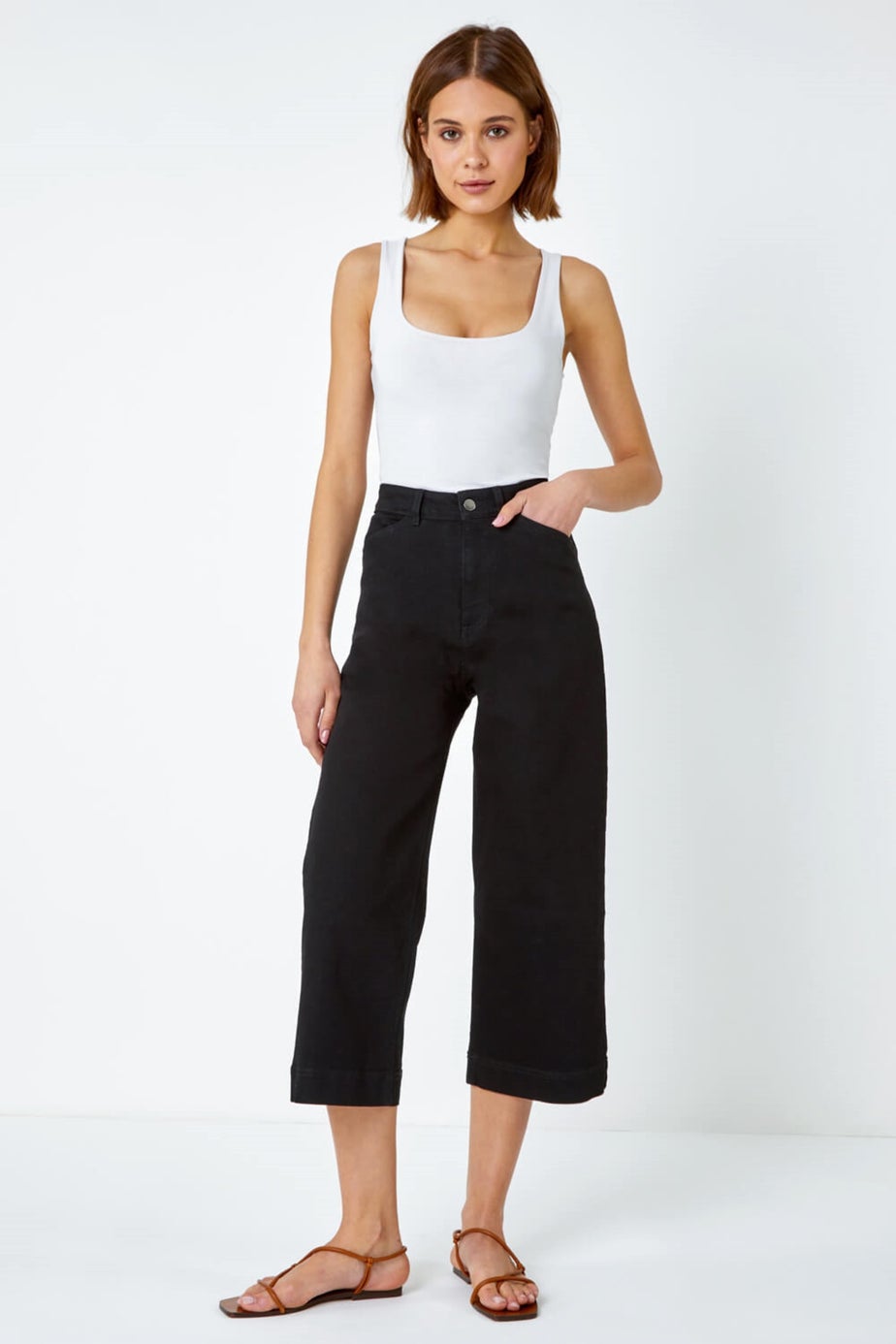 Roman Black Wide Leg Stretch Denim Culottes