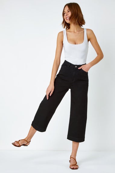 Roman Black Wide Leg Stretch Denim Culottes