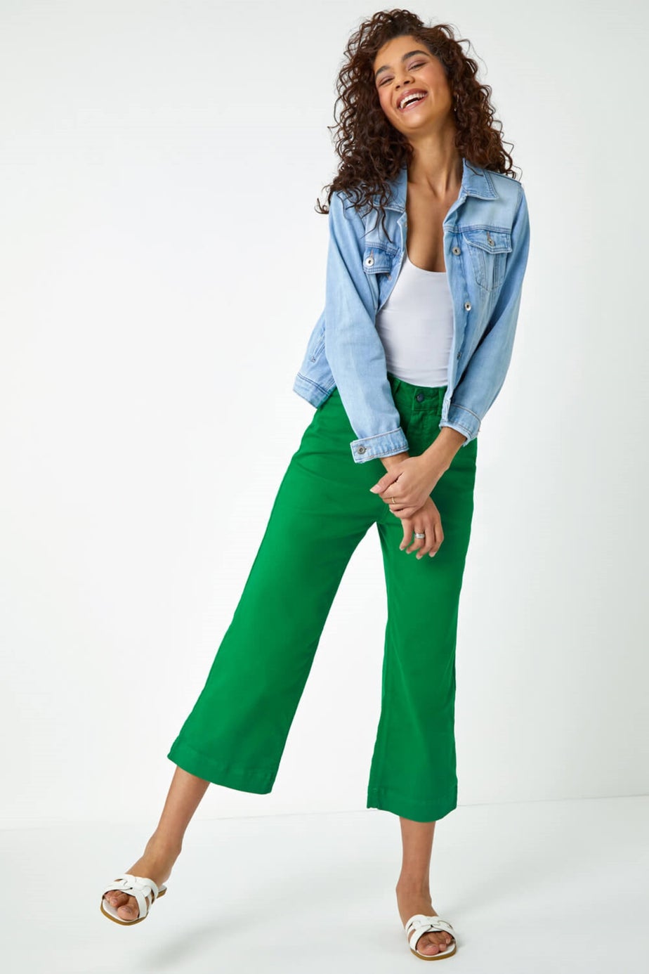 Roman Green Wide Leg Stretch Denim Cropped Culottes