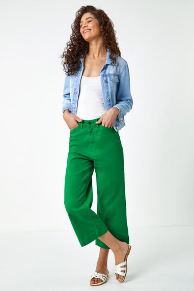 Roman Green Wide Leg Stretch Denim Cropped Culottes