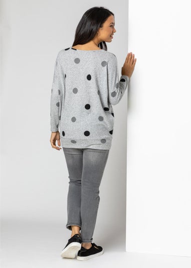 Roman Grey Polka Dot Blouson Long Sleeve Jersey Tunic Top