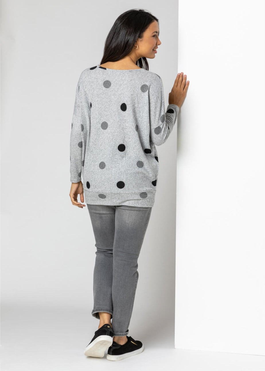 Roman Grey Polka Dot Blouson Long Sleeve Jersey Tunic Top