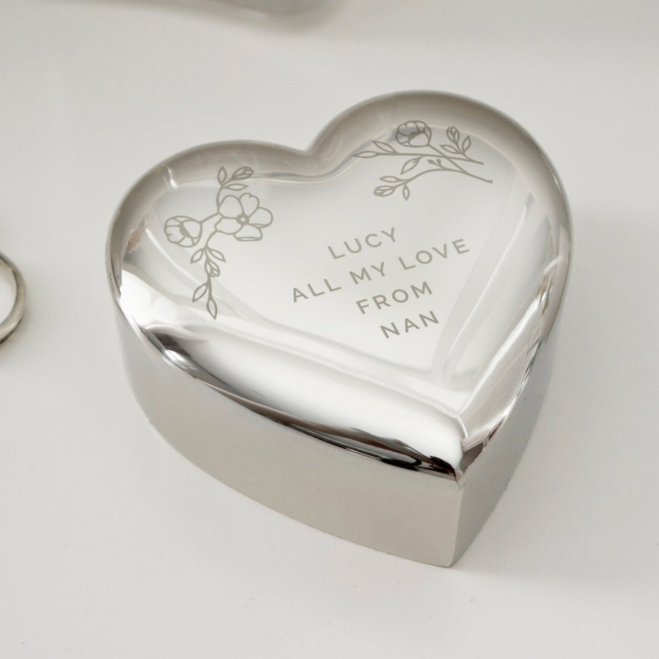 Personalised Memento Company Silver Floral Heart Trinket Box