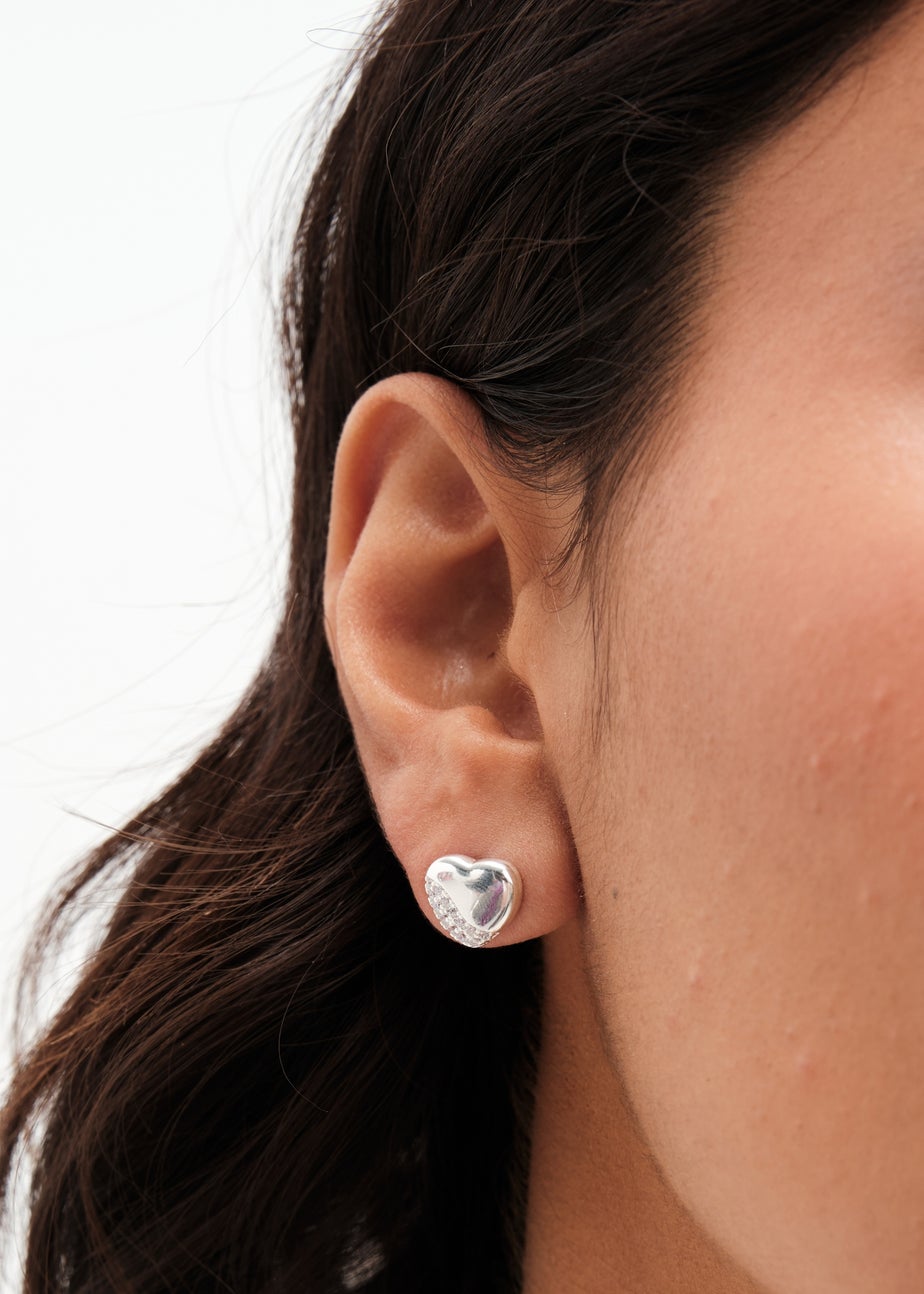 Simply Silver Sterling Silver 925 Polished and Pave Heart Stud Earrings