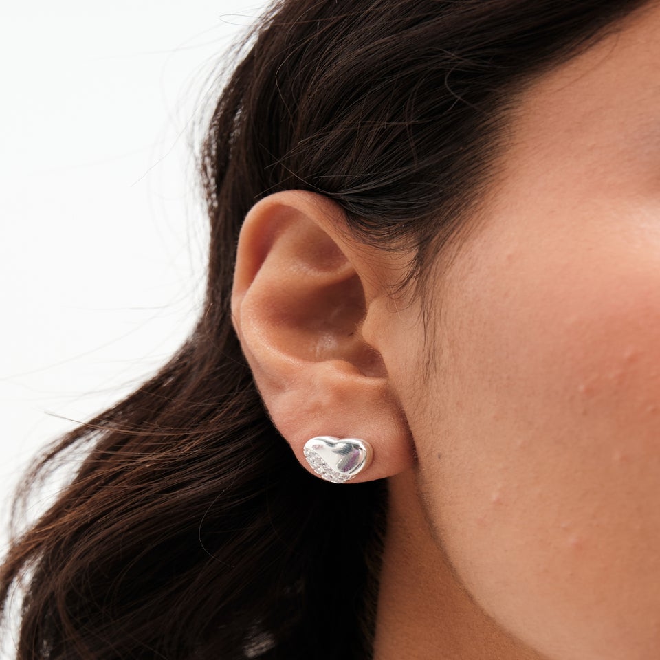 Simply Silver Sterling Silver 925 Polished and Pave Heart Stud Earrings