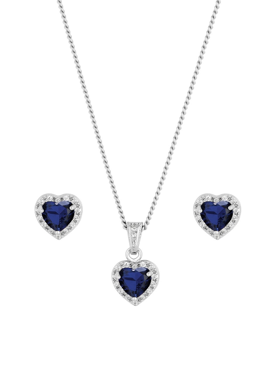Jon Richard Rhodium Plated Blue Cubic Zirconia Heart Set - Gift Boxed