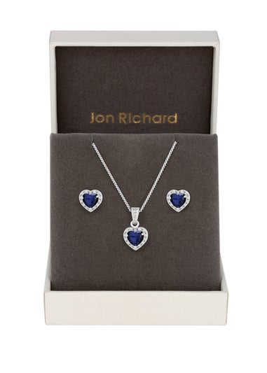 Jon Richard Rhodium Plated Blue Cubic Zirconia Heart Set - Gift Boxed
