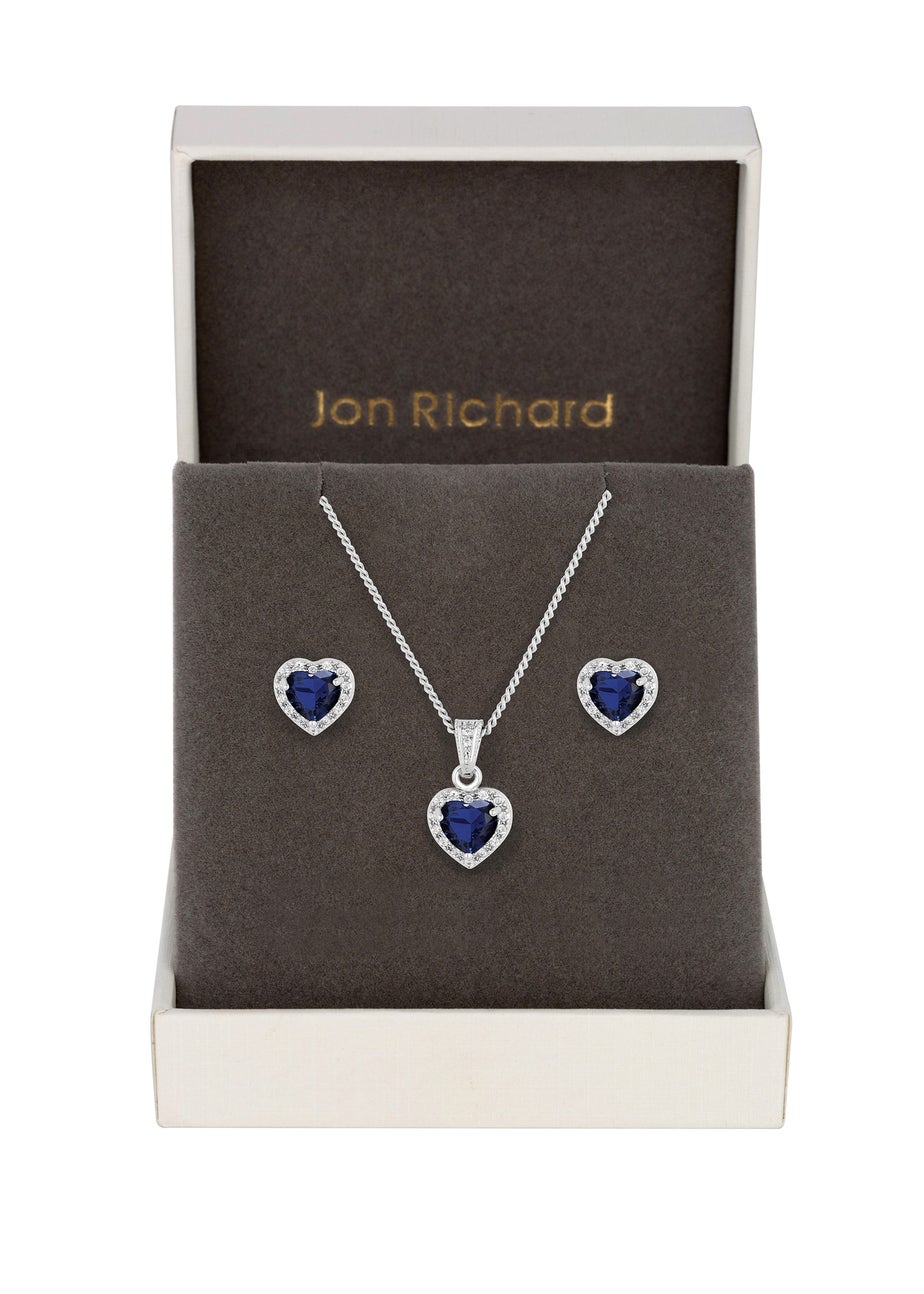 Jon Richard Rhodium Plated Blue Cubic Zirconia Heart Set - Gift Boxed