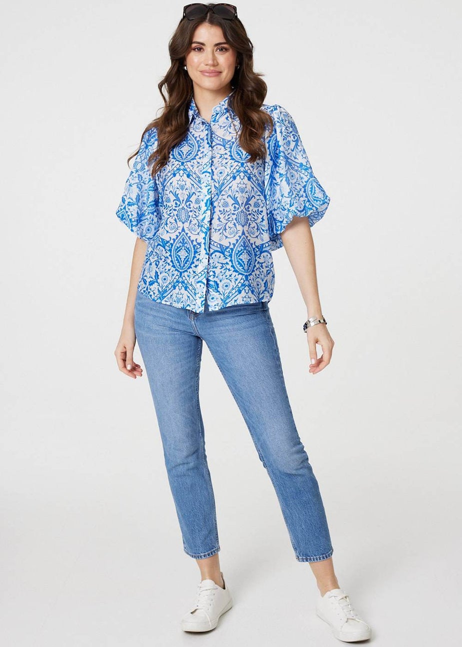 Izabel London Blue Paisley Print Puff 1/2 Sleeve Shirt
