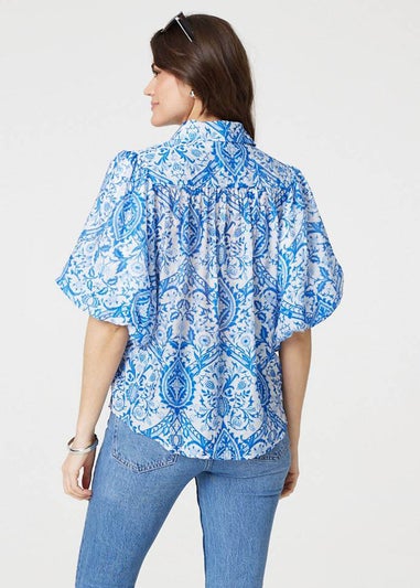 Izabel London Blue Paisley Print Puff 1/2 Sleeve Shirt