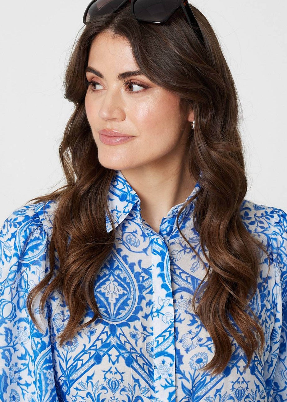 Izabel London Blue Paisley Print Puff 1/2 Sleeve Shirt