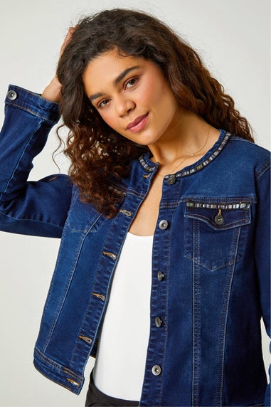Roman Indigo Collarless Tape Stretch Denim Jacket