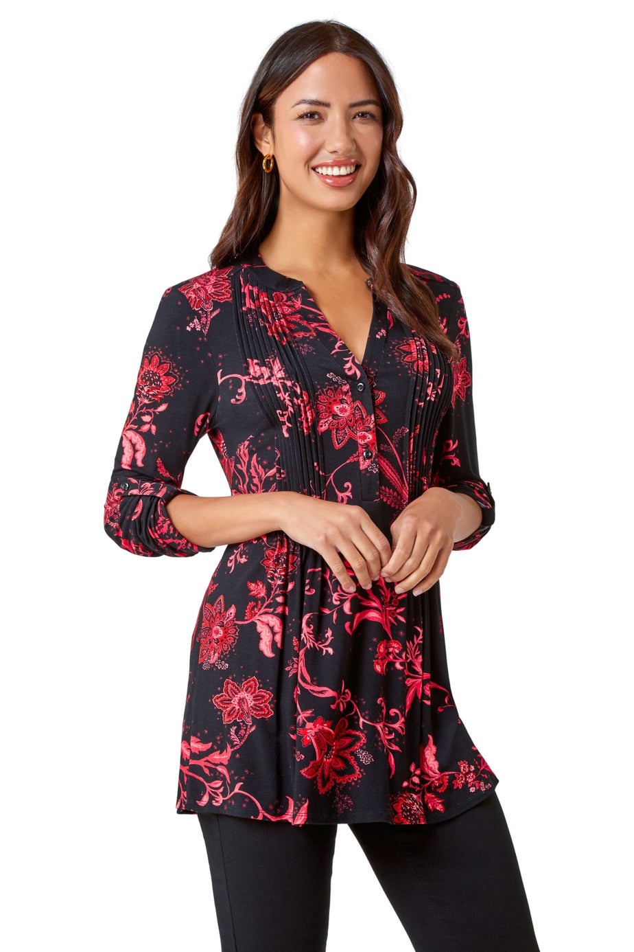 Roman Fuchsia Paisley Print Pintuck Stretch Top