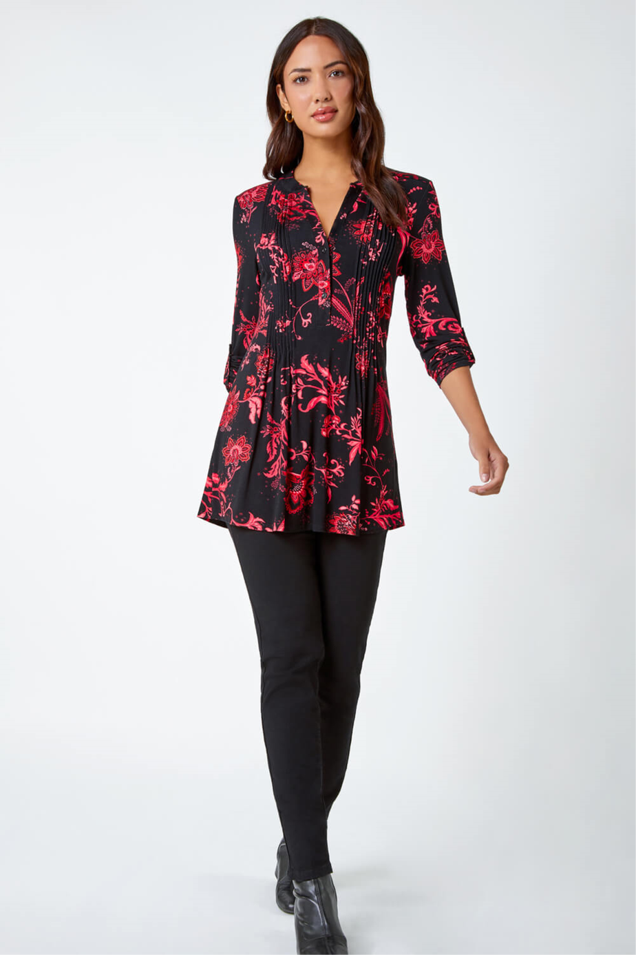 Roman Fuchsia Paisley Print Pintuck Stretch Top