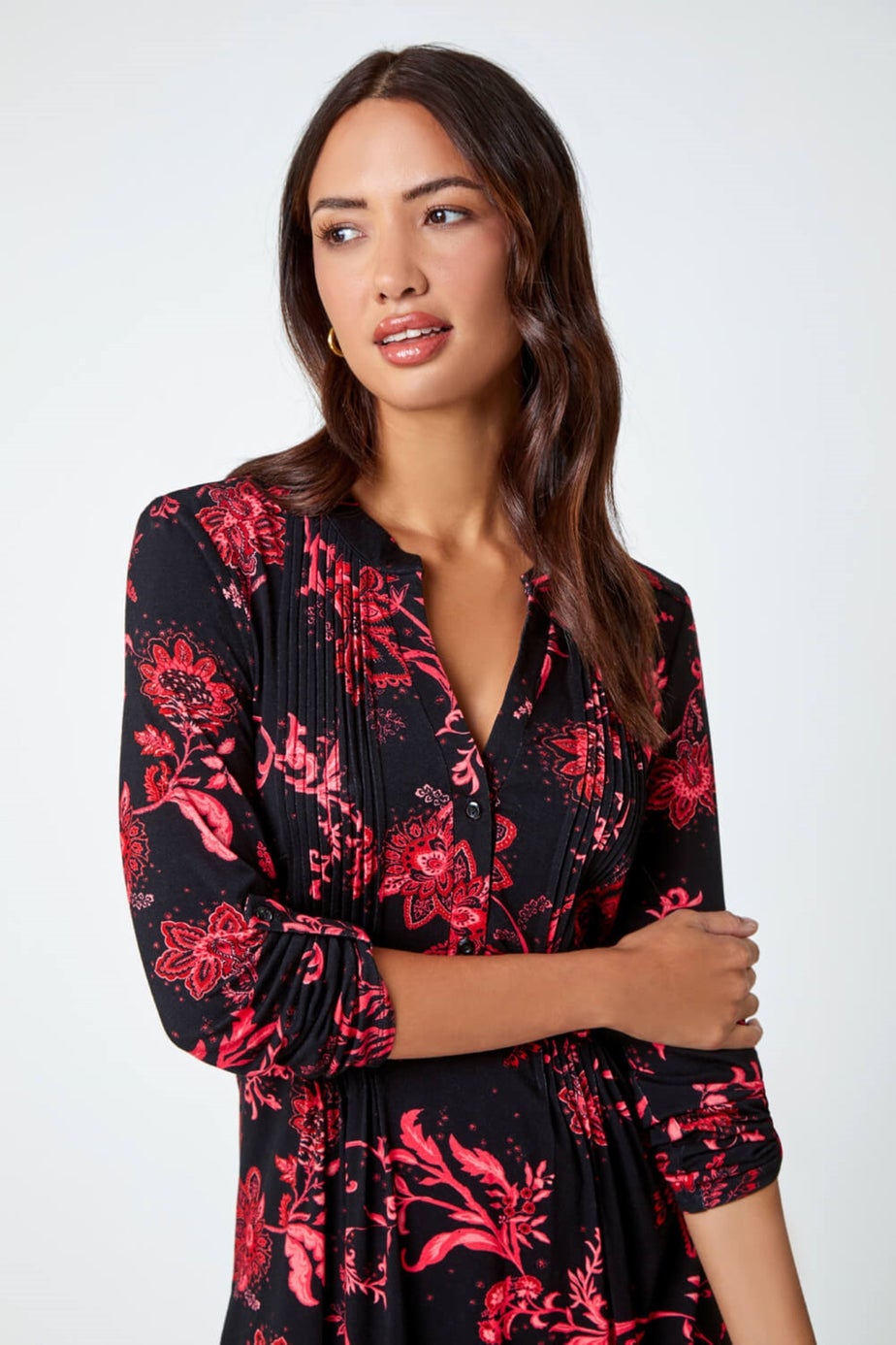 Roman Fuchsia Paisley Print Pintuck Stretch Top