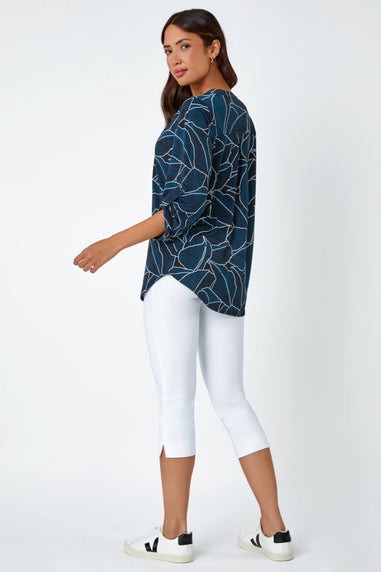 Roman Teal Textured Leaf Print Stretch Shirt