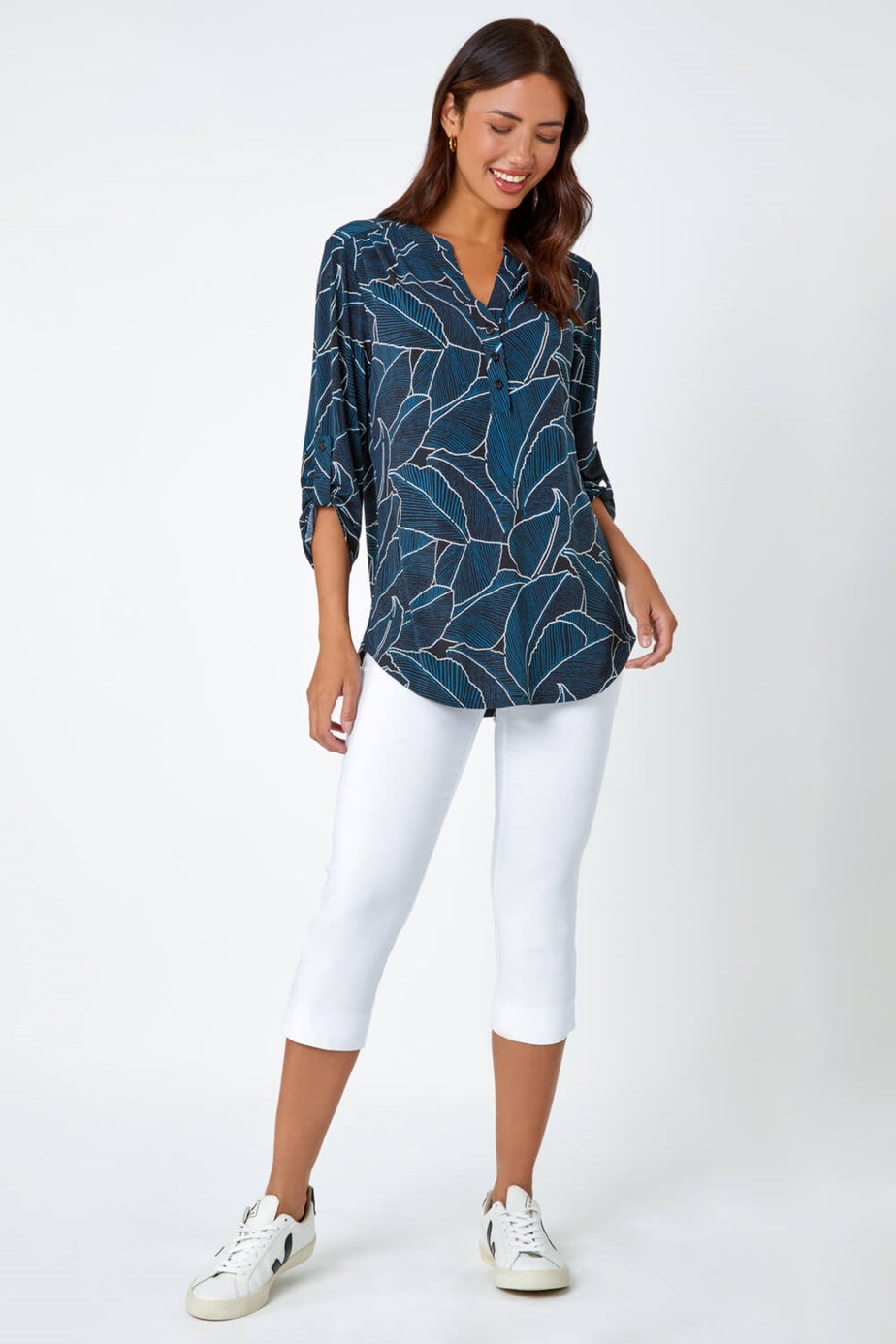 Roman Teal Textured Leaf Print Stretch Shirt