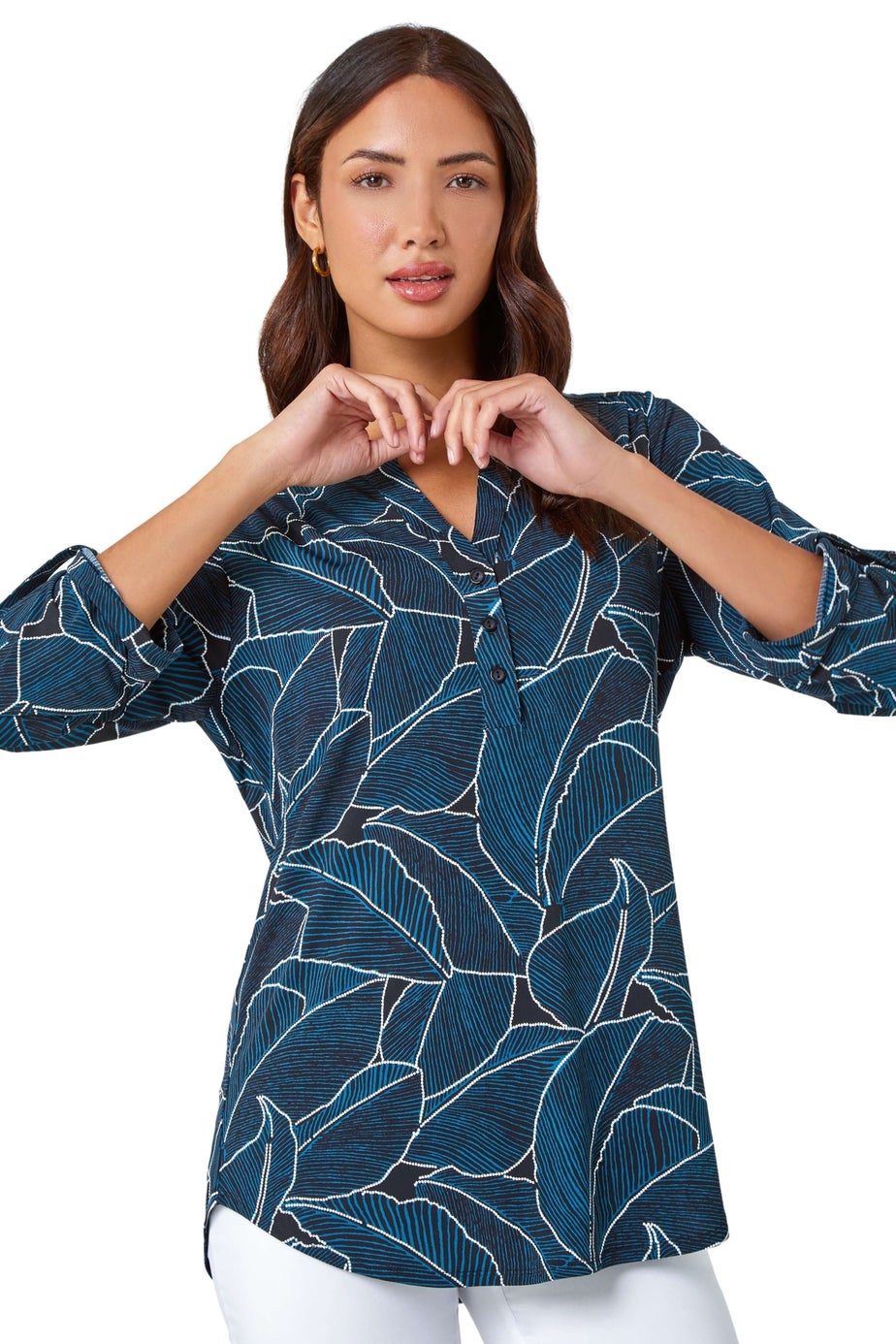 Roman Teal Textured Leaf Print Stretch Shirt