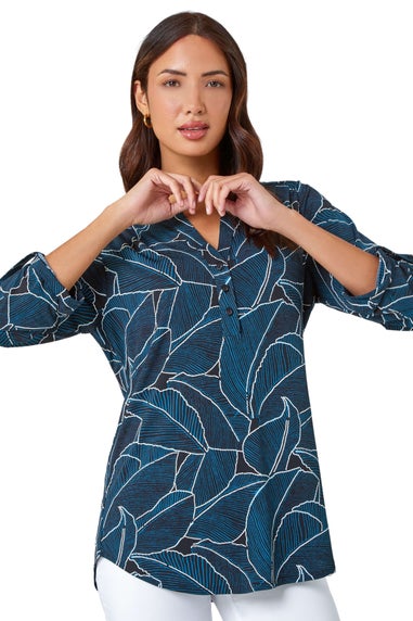 Roman Teal Textured Leaf Print Stretch Shirt