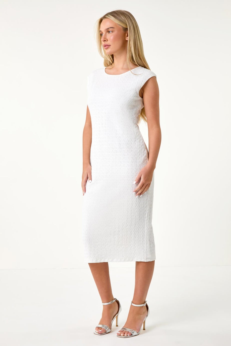 Roman Petite White Petite Textured Crochet Midi Dress