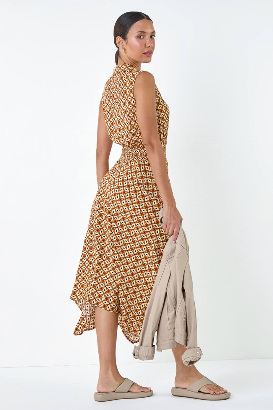 Roman Dark Orange Geometric Hanky Hem Stretch Midi Dress