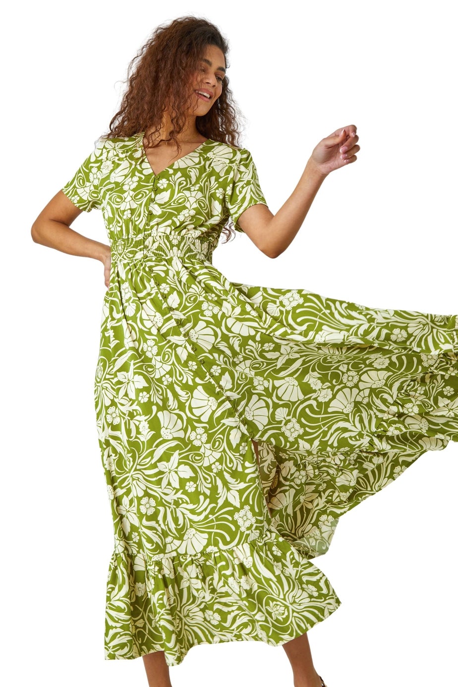 Roman Lime Floral Print Button Detail Maxi Dress