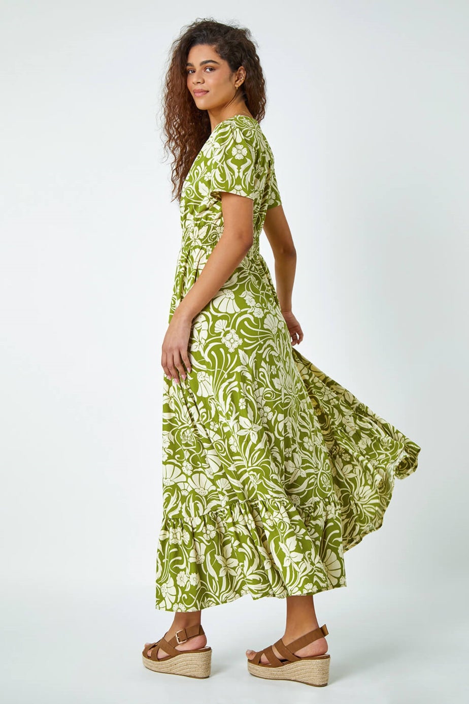 Roman Lime Floral Print Button Detail Maxi Dress