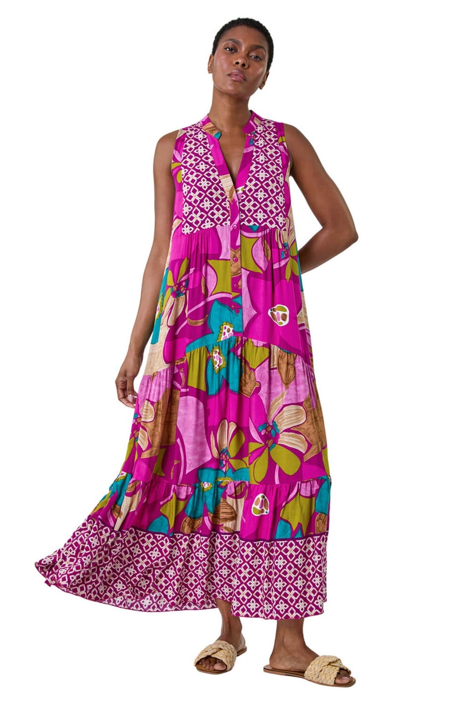 Roman Purple Boho Floral Print Smock Maxi Dress