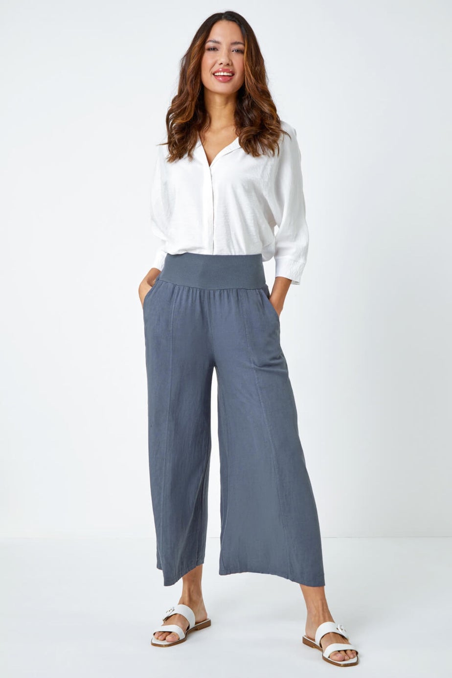 Roman Denim Linen Blend Stretch Waist Culottes