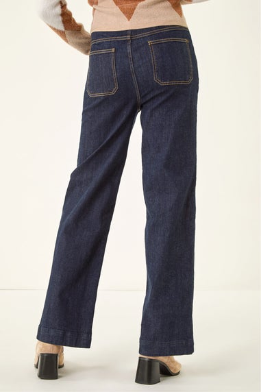 Roman Indigo Cotton Blend Wide Leg Stretch Jeans