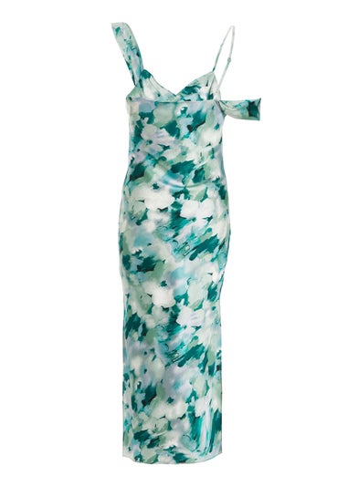 Quiz Blue Petite Floral Satin Asymmetric Midaxi Dress