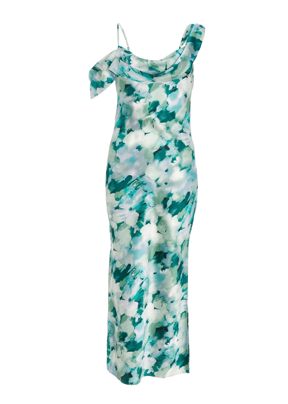 Quiz Blue Petite Floral Satin Asymmetric Midaxi Dress