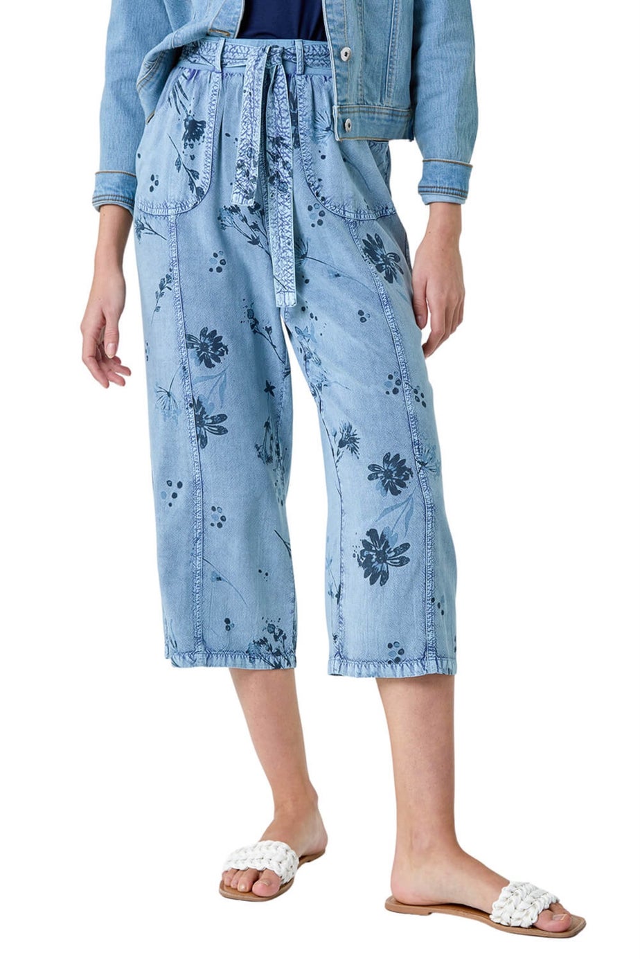 Roman Denim Floral Print Culotte Trousers