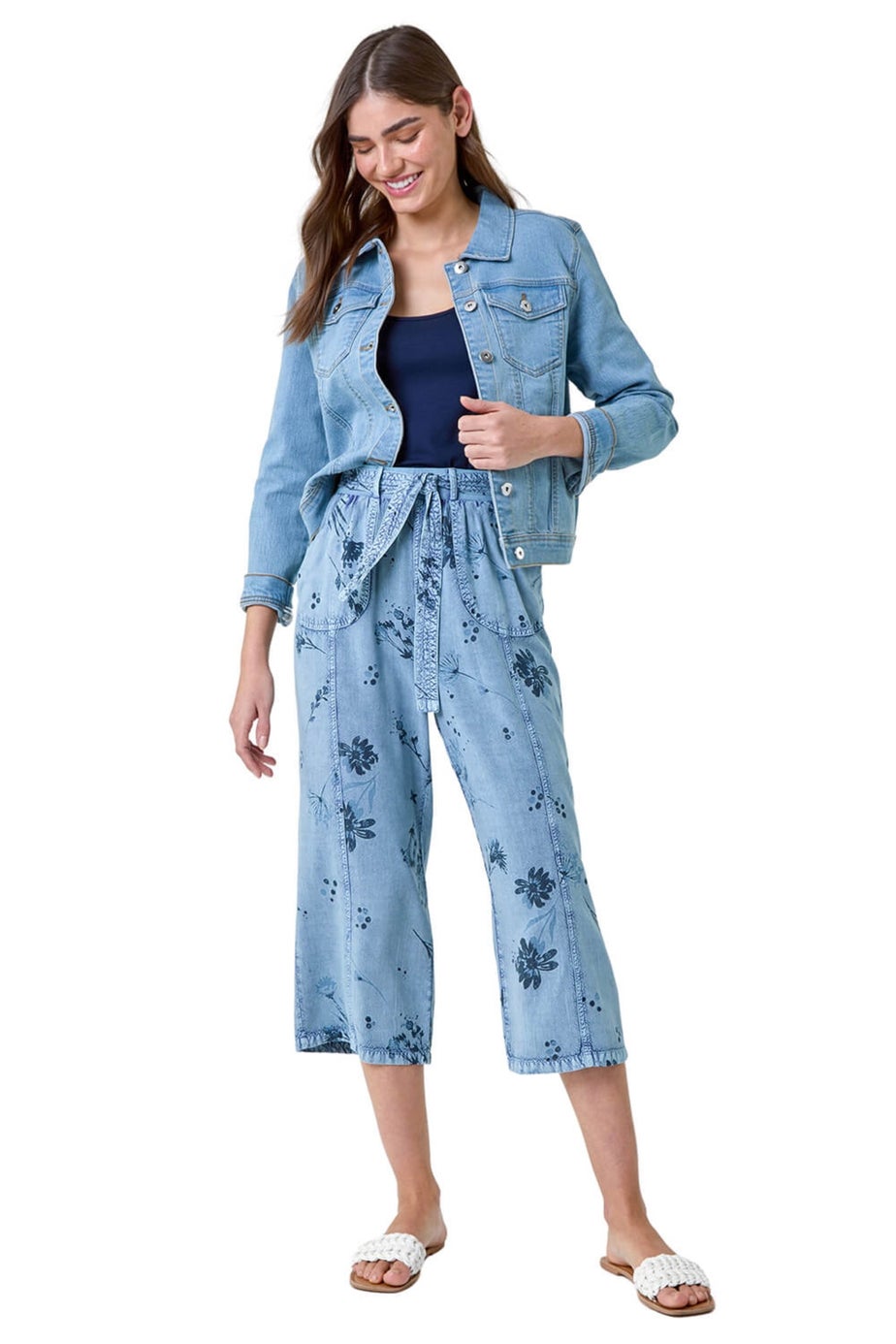 Roman Denim Floral Print Culotte Trousers